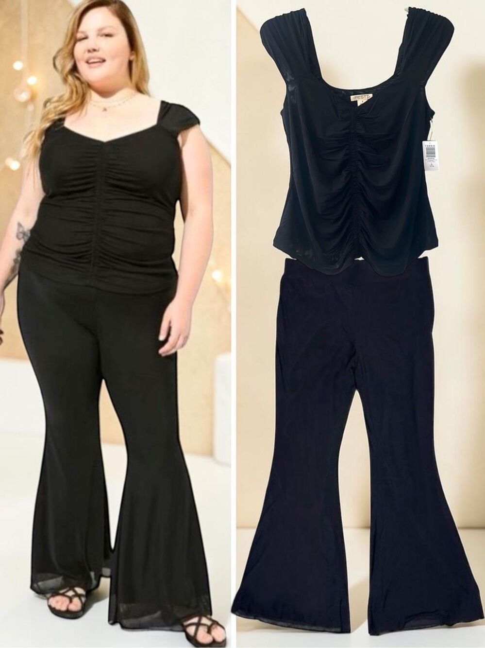 Torrid Festi Black Mesh Stretch Ruched Top Flare Pants Matching Set Plus Size 2 - Picture 2 of 12